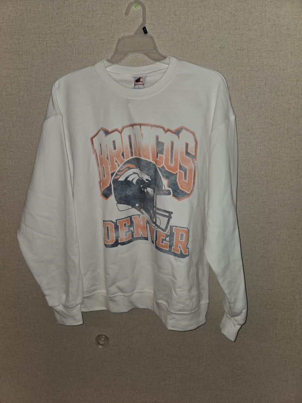 Champion White Denver Broncos Crewneck Sweatshirt with Orange & Navy Graphic